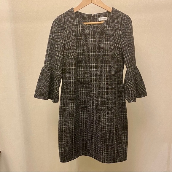 Calvin Klein 8 Bell Sleeve Shift Dress Tweed Black Gray Stretch Plaid Sheath - Picture 10 of 12